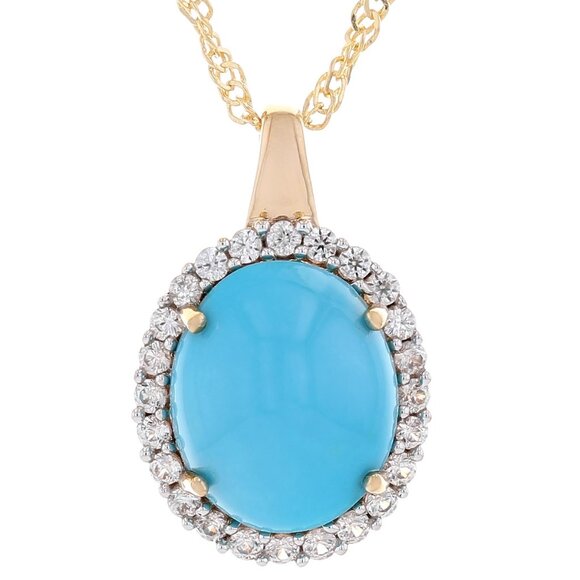 NIB - JTV Sleeping Beauty Turquoise & White Zircon Pendant – 18K Yellow Gold Ove - Picture 1 of 12